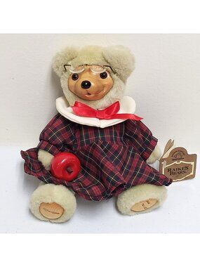Robert Raikes 8" Tiffany Teacher Bear with Wooden Face & Plaid Dress Apple 1994